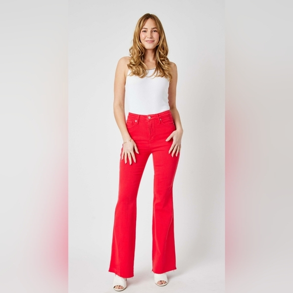 Judy Blue HR Tummy Control Garment Dyed Classic Flare Jeans Red Various Plus NEW - Picture 1 of 11